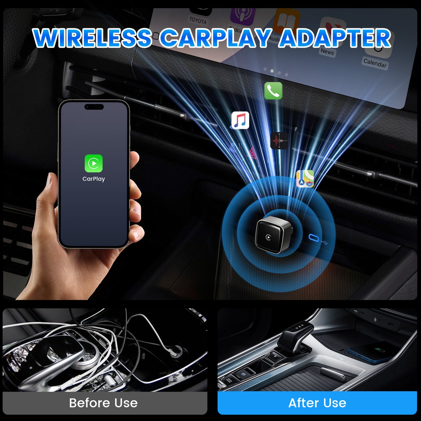 DIAMOOKY 2-in-1 Wireless CarPlay Adapter for Apple CarPlay & Android Auto, 2026 Plug & Play CarPlay Dongle Converts Wired to Wireless, Mini Bluetooth Car Play Adapter with Type-C Extension