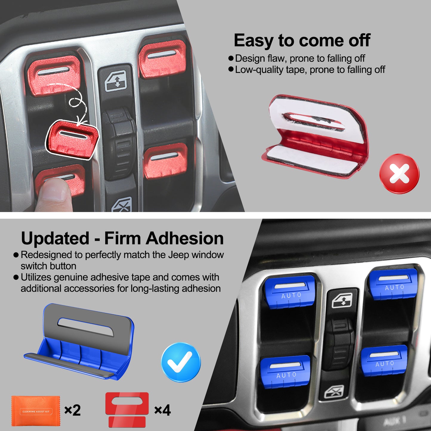 DIAMOOKY Metal Window Switch Button Cover 4PCS for Jeep Wrangler JL JLU 2018-2025 and Gladiator JT 2020-2025 Accessories,Blue