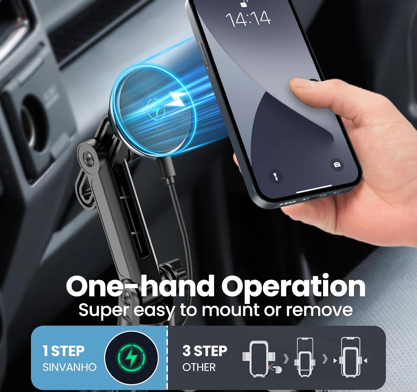 DIAMOOKY Magnetic Cup Holder Phone Mount for Magsafe Wireless Car Mount Charger 15W Cell Phone Stand with Adjustable Height for iPhone 12-16 Series