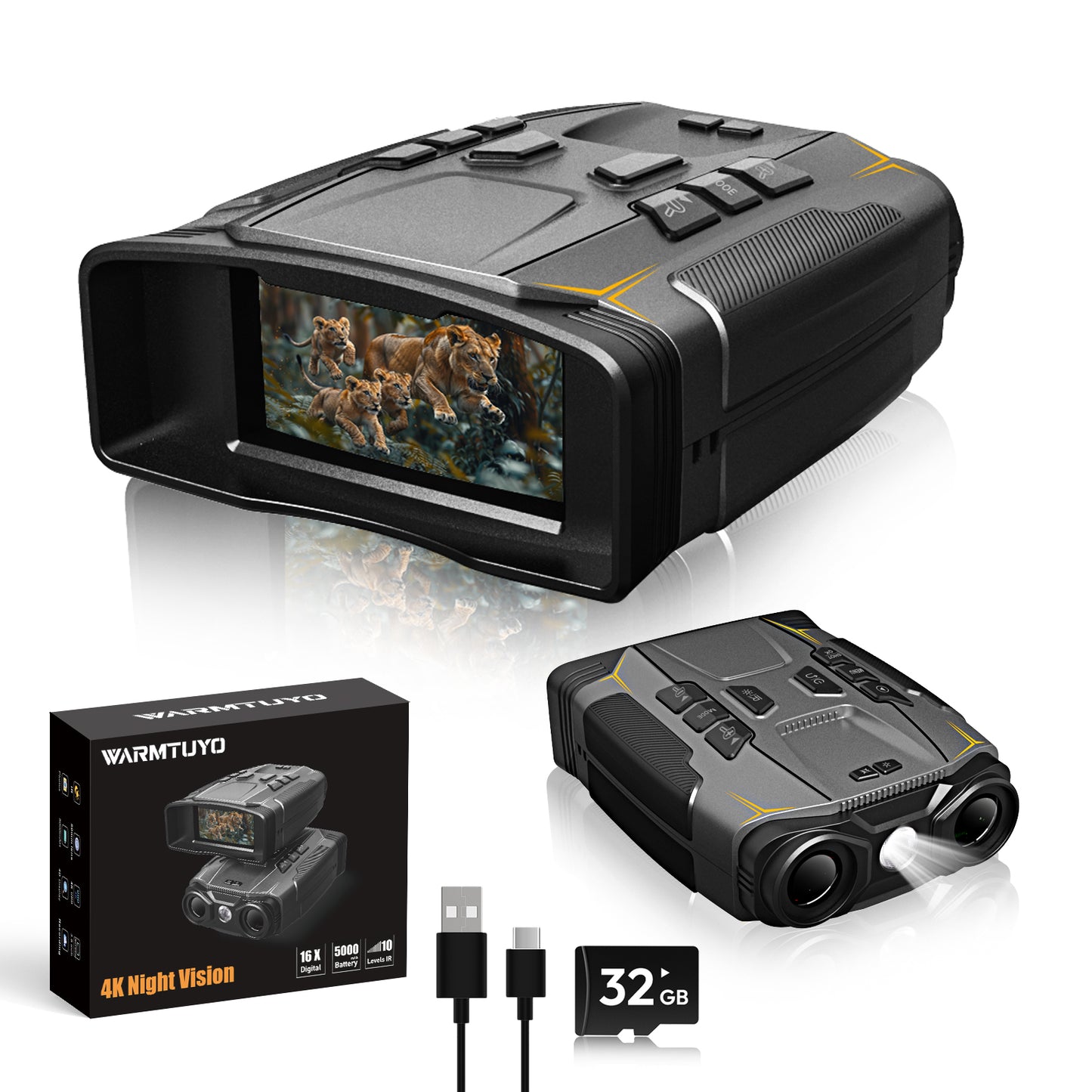 WARMTUYO Gray Night Vision Goggles for Adults,4K Night Vision Binoculars with 5000mAh Rechargeable Battery,32GB Card,with LED Flashlight for Camping & Security, Gifts for Men