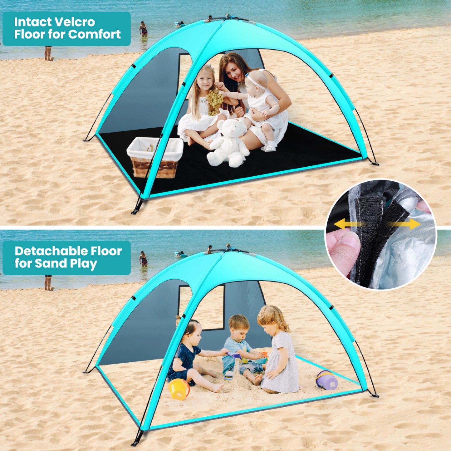 WARMTUYO Multi Pole Beach Tent for 2-3 Person, UPF 50+ Sun Shelter, Portable Extendable Beach Canopy, for Camping, Hiking, Outdoor, Fishing,with Zip and Privacy Screen - Green