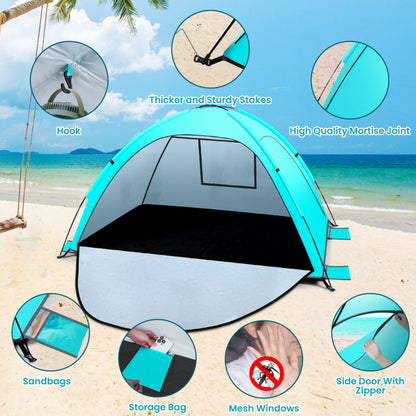 WARMTUYO Multi Pole Beach Tent for 2-3 Person, UPF 50+ Sun Shelter, Portable Extendable Beach Canopy, for Camping, Hiking, Outdoor, Fishing,with Zip and Privacy Screen - Green