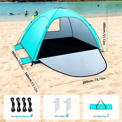 WARMTUYO Multi Pole Beach Tent for 2-3 Person, UPF 50+ Sun Shelter, Portable Extendable Beach Canopy, for Camping, Hiking, Outdoor, Fishing,with Zip and Privacy Screen - Green