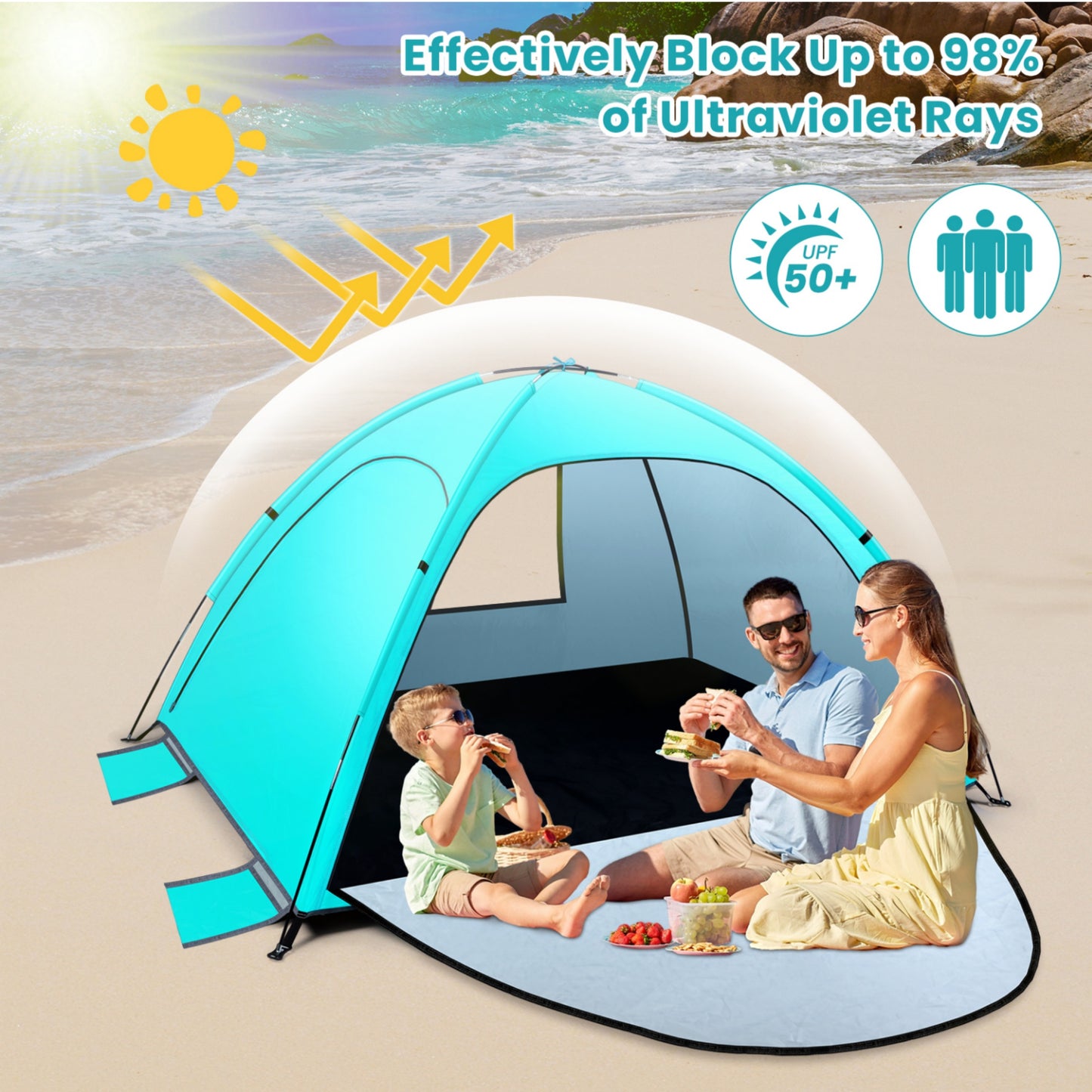 WARMTUYO Multi Pole Beach Tent for 2-3 Person, UPF 50+ Sun Shelter, Portable Extendable Beach Canopy, for Camping, Hiking, Outdoor, Fishing,with Zip and Privacy Screen - Green