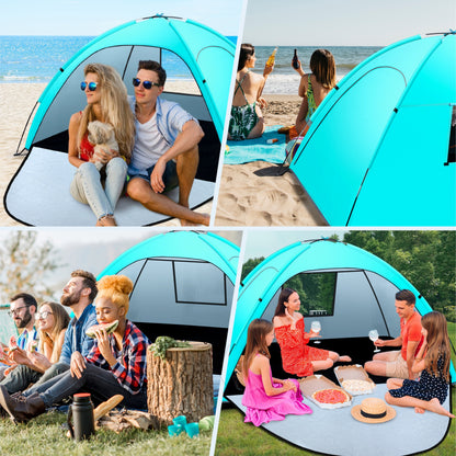 WARMTUYO Multi Pole Beach Tent for 2-3 Person, UPF 50+ Sun Shelter, Portable Extendable Beach Canopy, for Camping, Hiking, Outdoor, Fishing,with Zip and Privacy Screen - Green