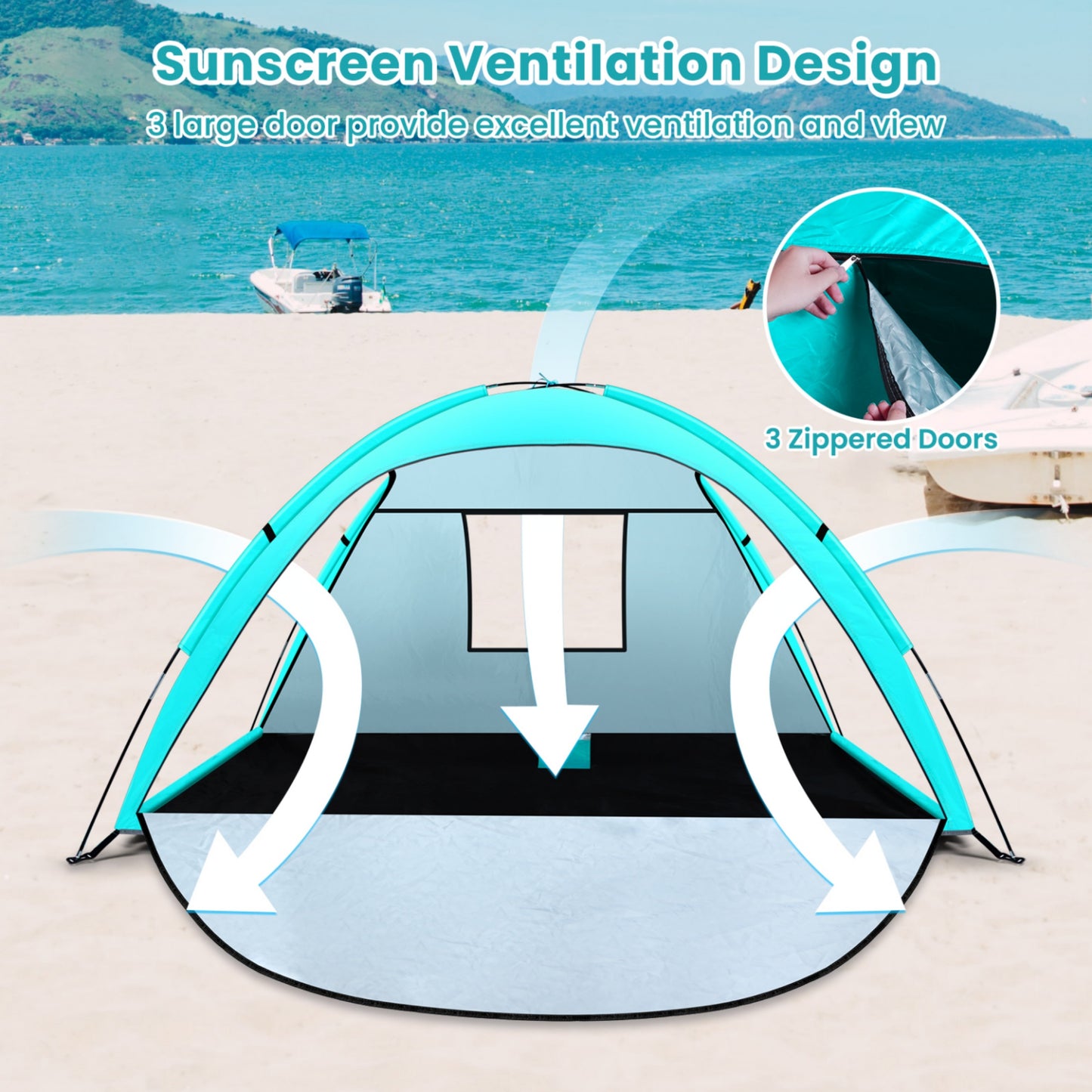 WARMTUYO Multi Pole Beach Tent for 2-3 Person, UPF 50+ Sun Shelter, Portable Extendable Beach Canopy, for Camping, Hiking, Outdoor, Fishing,with Zip and Privacy Screen - Green