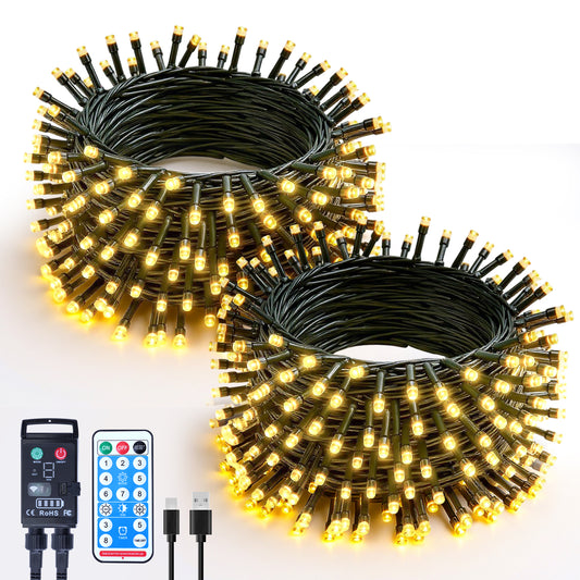 WARMTUYO 2 Pack LED String Lights Outdoor Waterproof- Total 200 LED 66FT With Remote, 8 Modes Warm White String Light for Outside Patio Yard Tree Garden Christmas Decorations