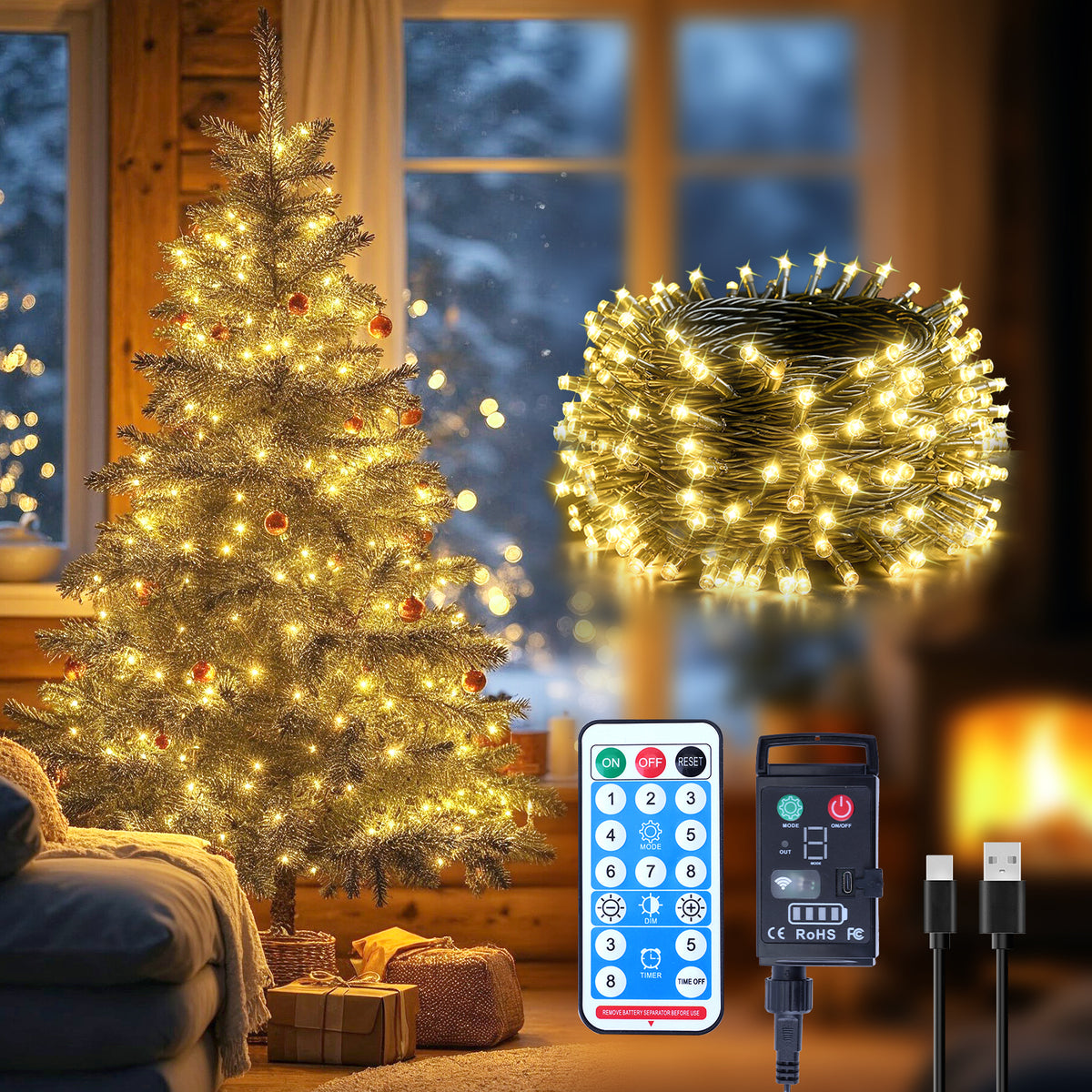 WARMTUYO 33FT 100 LED Christmas Tree Lights,Halloween Twinkle Fairy Lights String with 8 Flashing Modes for Indoor Bedroom Outdoor Xmas Trees Garland Wreath Holiday Decorations, White Yellow