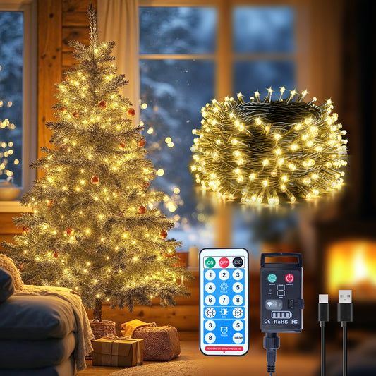 WARMTUYO 33FT 100 LED Christmas Tree Lights,Halloween Twinkle Fairy Lights String with 8 Flashing Modes for Indoor Bedroom Outdoor Xmas Trees Garland Wreath Holiday Decorations, White Yellow