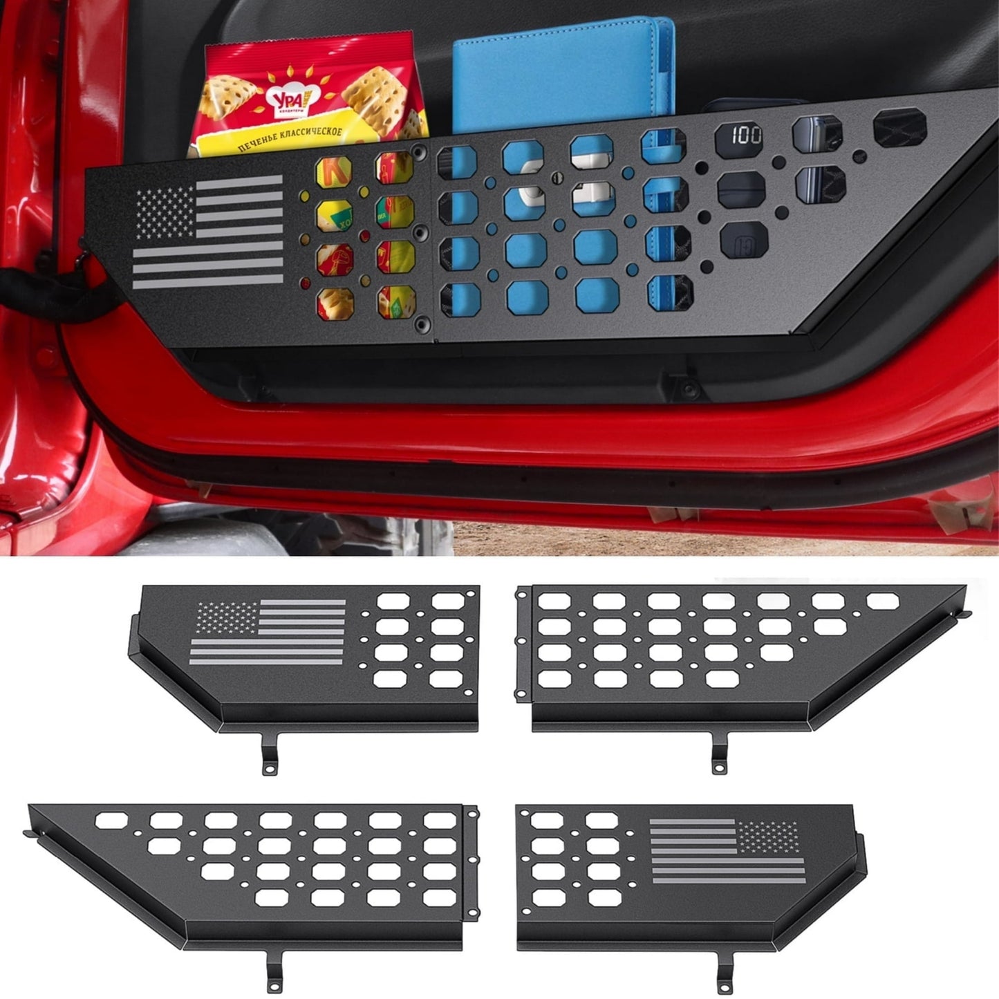 DIAMOOKY Front Door Pocket Storage Box for Jeep Wrangler JL JLU 4XE 2018-2025 & Gladiator JT 2020-2022 2023 2024 2025, 2PCS - Front Door Flat Flag