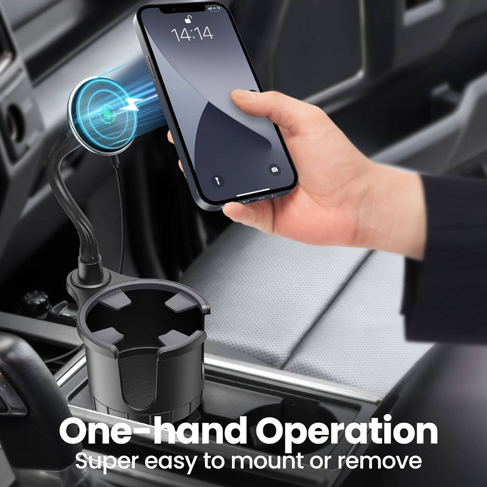 DIAMOOKY Magnetic Cup Holder Phone Mount for Magsafe Wireless Car Mount Charger 15W Cell Phone Stand with Adjustable Height for iPhone 12-16 Series, Flexible Tube