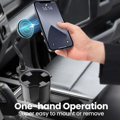 DIAMOOKY Magnetic Cup Holder Phone Mount for Magsafe Wireless Car Mount Charger 15W Cell Phone Stand with Adjustable Height for iPhone 12-16 Series, Flexible Tube