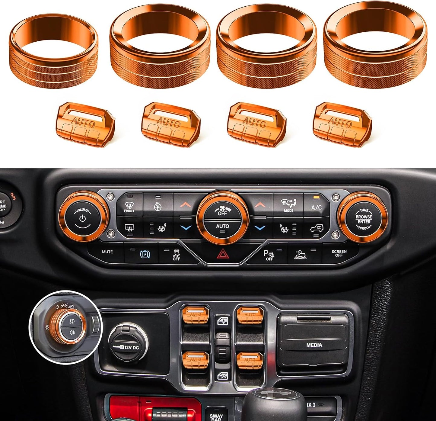DIAMOOKY Jeep Wrangler & Gladiator Accessories Metal Button Knob Cover, Window Switch Button Cover Volume Radio Air Conditioner Headlight Switch Knob Cover,8PCS,Orange
