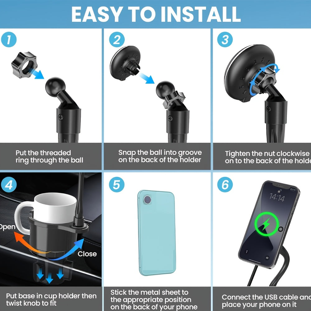 DIAMOOKY Magnetic Cup Holder Phone Mount for Magsafe Wireless Car Mount Charger 15W Cell Phone Stand with Adjustable Height for iPhone 12-16 Series, Flexible Tube