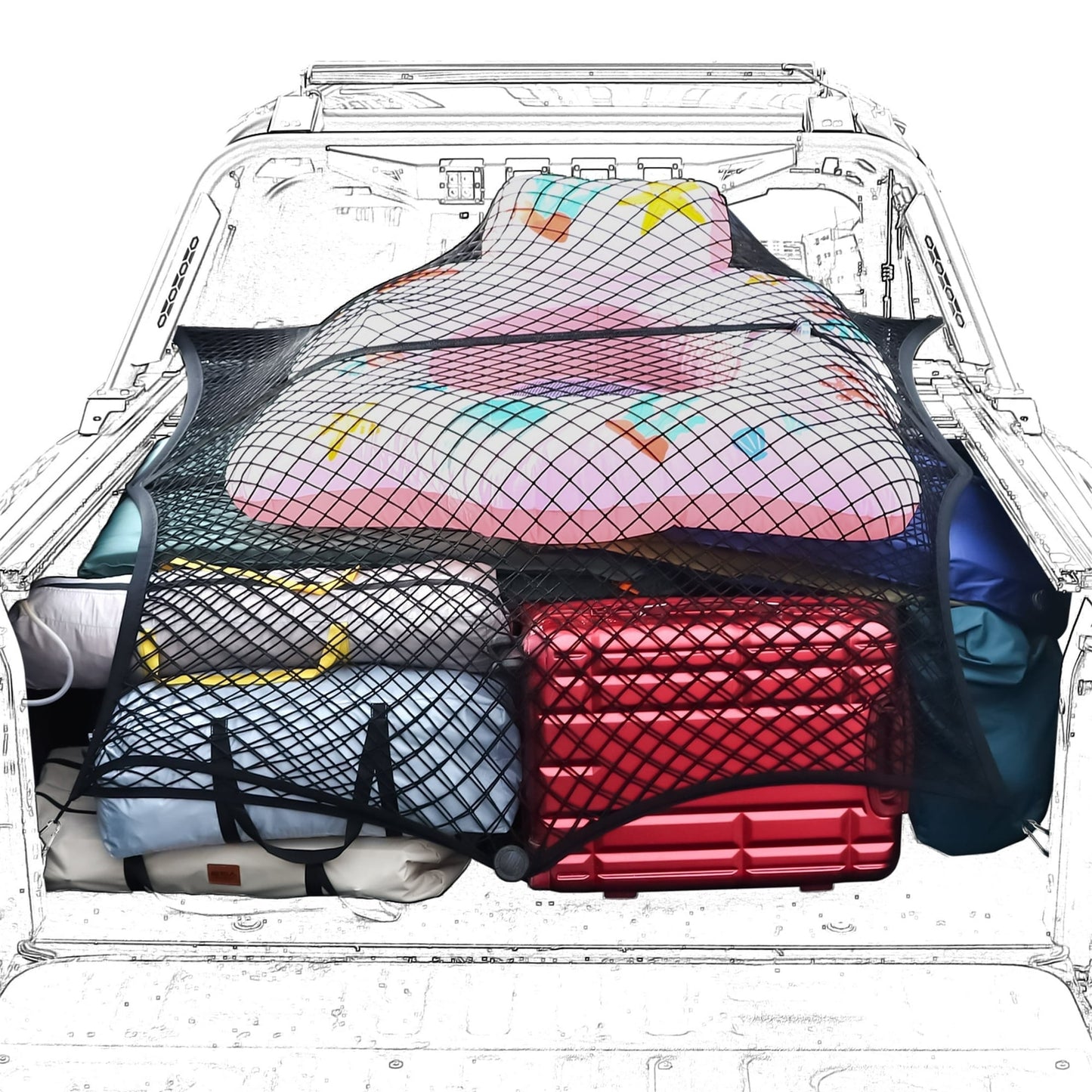 DIAMOOKY 7ft x 7ft Truck Bed Net, Universal Adjustable Elastic Mesh Organizer, Heavy Duty Cargo Net for Pickup Truck Bed, with 8 Hooks - Doube Layer