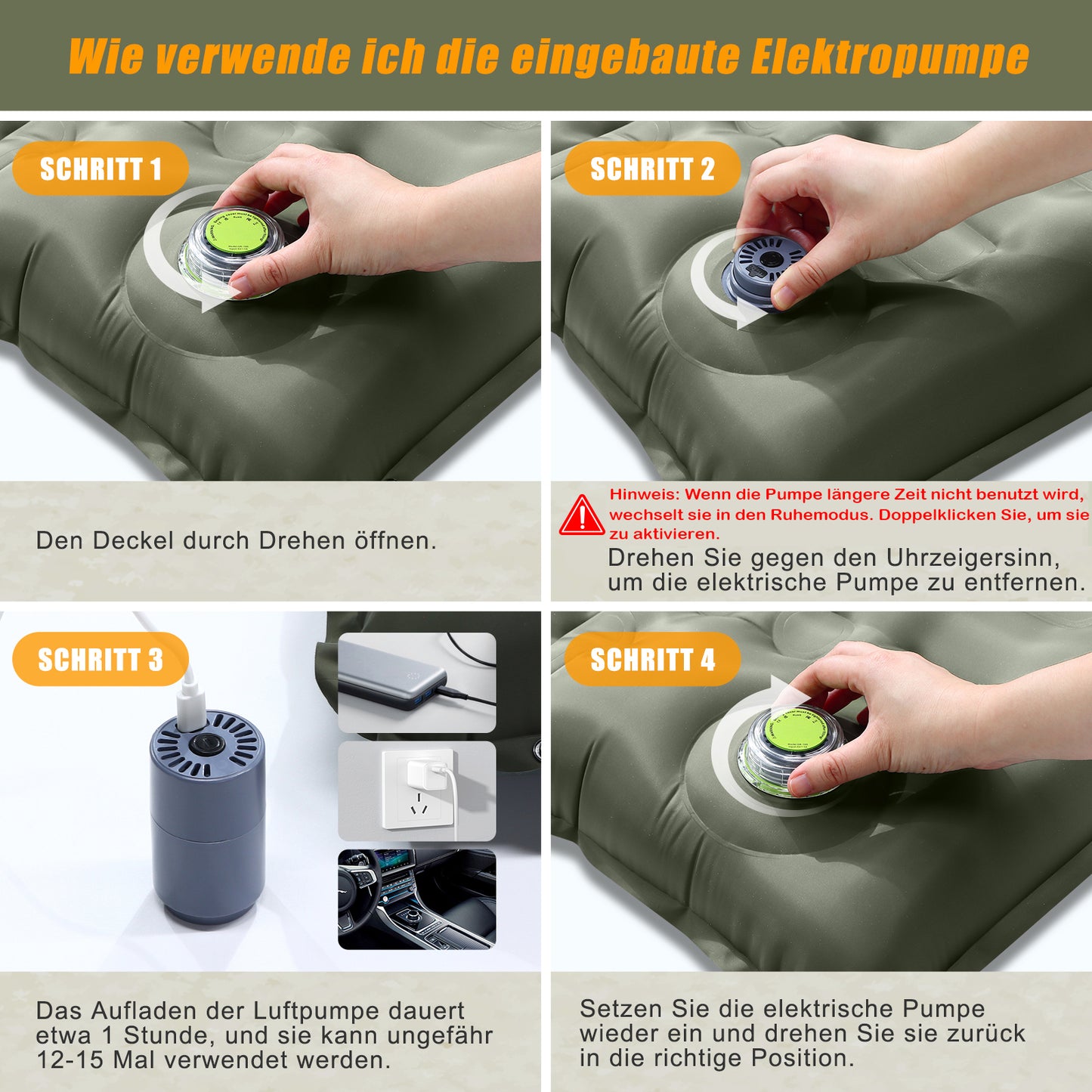 Electric Self-Inflating Sleeping Pad, 12cm Extra Thick Camping Air Mattress with Built-In Pillow, Waterproof & Anti-Ripstop Inflatable Sleeping Mat for Hiking, Backpacking, Outdoor Camping & Tents