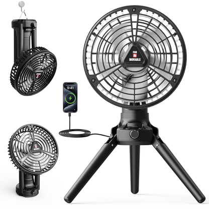 WARMTUYO Camping Fan with LED Lantern Outdoor Pedestal Fan Battery Operated Adjustable Height & Ultra Quiet for Patio Yard Beach