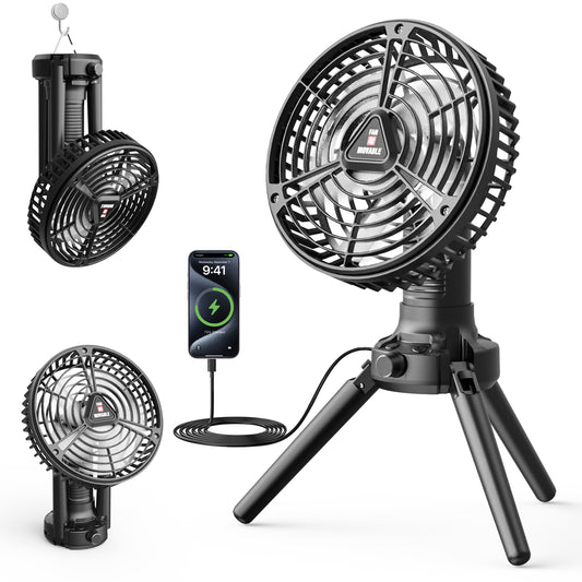 WARMTUYO Camping Fan with LED Lantern Outdoor Pedestal Fan Battery Operated Adjustable Height & Ultra Quiet for Patio Yard Beach