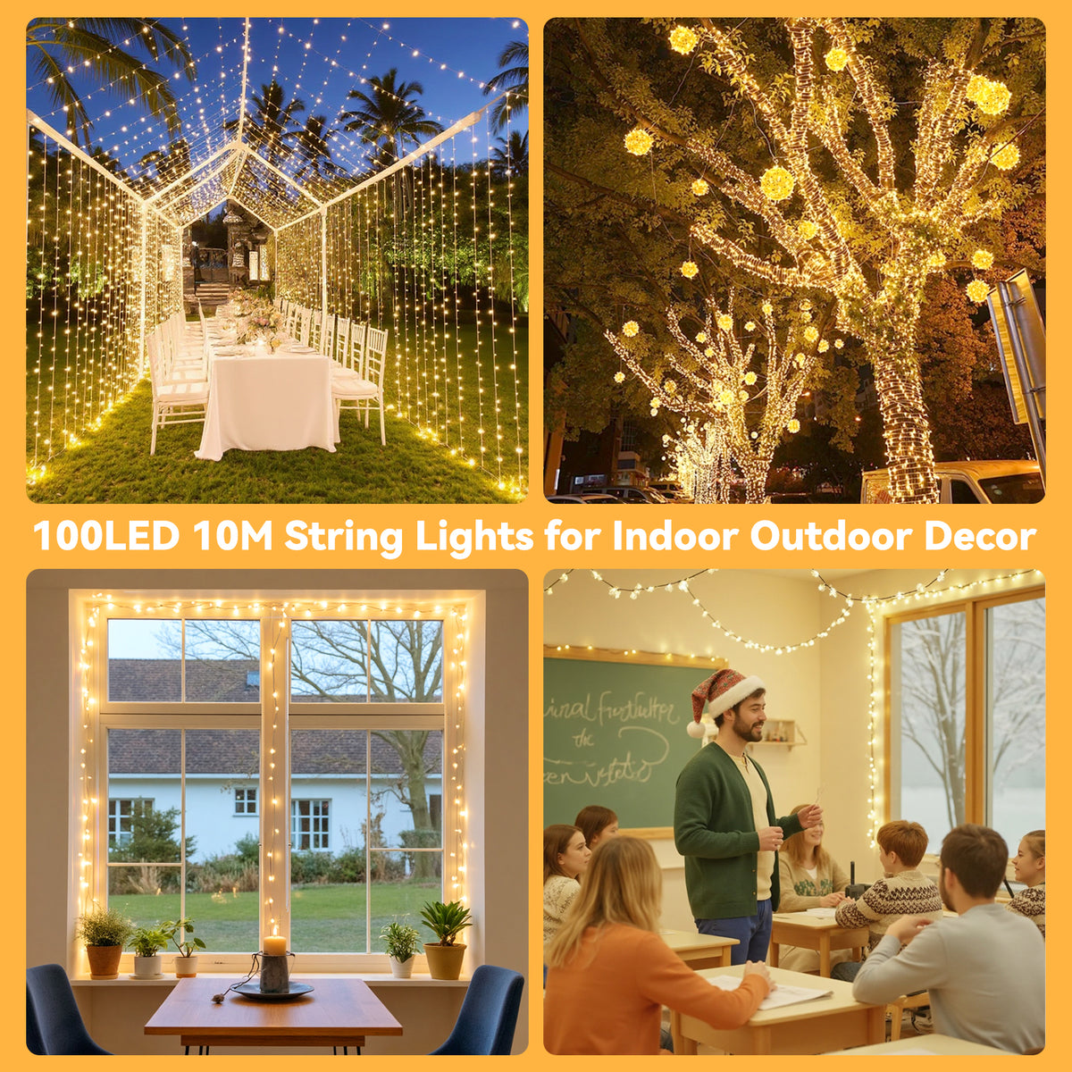 WARMTUYO 33FT 100 LED Christmas Tree Lights,Halloween Twinkle Fairy Lights String with 8 Flashing Modes for Indoor Bedroom Outdoor Xmas Trees Garland Wreath Holiday Decorations, White Yellow