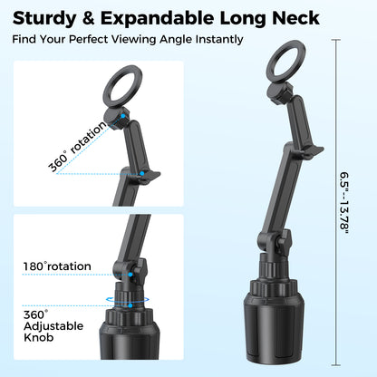 DIAMOOKY 2026 Magnetic Cup Holder Phone Mount for MagSafe, Hands-Free Adjustable Car Phone Holder Compatible with iPhone 17 16 15 14 13 12 Pro Max, Samsung & All Phones