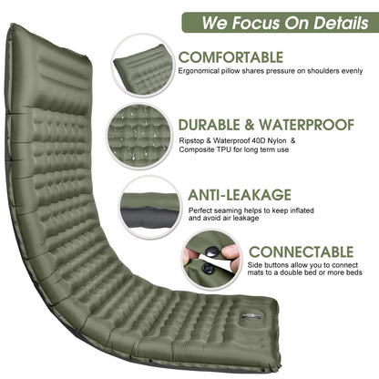 WARMTUYO Camping Sleeping Pad, 12cm Extra Thick Inflatable Air Mattress with Built-In Foot Pump & Pillow, Waterproof Sleeping Mat with Compact Pack Size, Anti-Ripstop Camping Mattress for Hiking, Backpacking & Beach