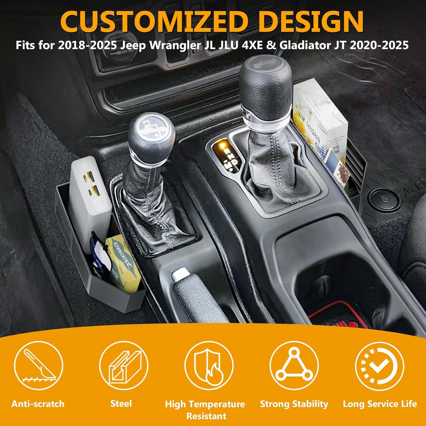 DIAMOOKY Metal Center Console Organizer for Jeep Wrangler Accessories and Jeep Gladiator JL JLU 2025 2024 2023 2022-2018 Rubicon Sahara 4xe, Storage Box Tray, Not for JK/JKU, 2 PCs