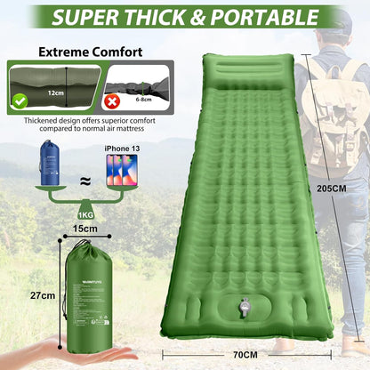 WARMTUYO Camping Sleeping Pad, 12cm Extra Thick Inflatable Air Mattress with Built-In Foot Pump & Pillow, Waterproof Sleeping Mat with Compact Pack Size, Anti-Ripstop Camping Mattress for Hiking, Backpacking & Beach