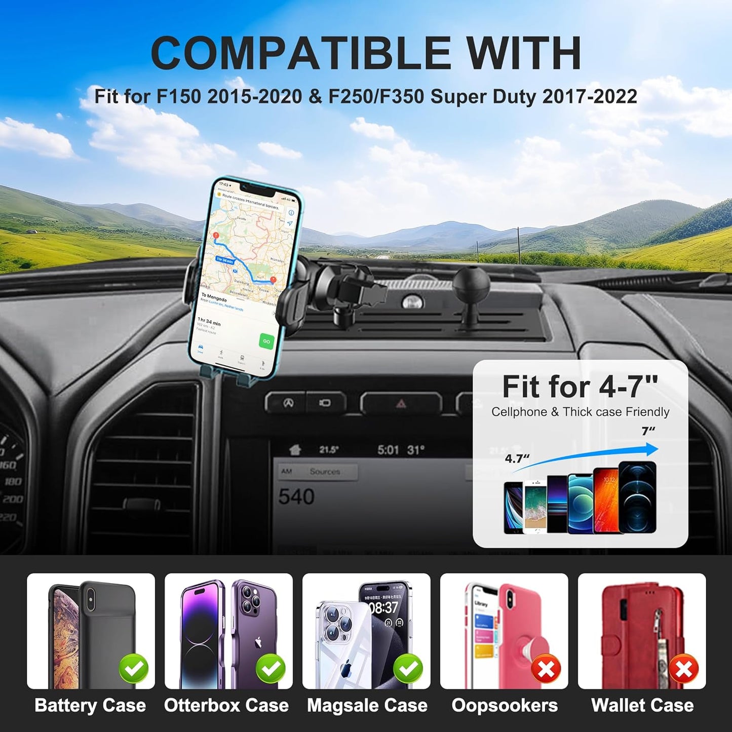 DIAMOOKY Dash Mount Phone Holder for Ford Metal Cellphone Mounting Bracket Stand Compatible with 2015-2020 F150 & 2017-2022 F250 & F350 & 2018-2021 Expedition