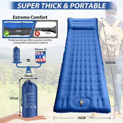 WARMTUYO Camping Sleeping Pad, 12cm Extra Thick Inflatable Air Mattress with Built-In Foot Pump & Pillow, Waterproof Sleeping Mat with Compact Pack Size, Anti-Ripstop Camping Mattress for Hiking, Backpacking & Beach