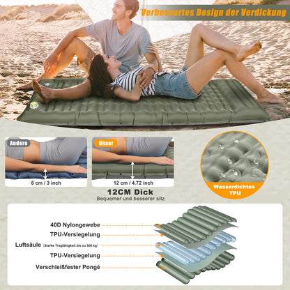 Electric Self-Inflating Sleeping Pad, 12cm Extra Thick Camping Air Mattress with Built-In Pillow, Waterproof & Anti-Ripstop Inflatable Sleeping Mat for Hiking, Backpacking, Outdoor Camping & Tents