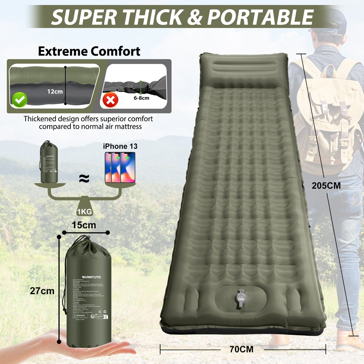 WARMTUYO Camping Sleeping Pad, 12cm Extra Thick Inflatable Air Mattress with Built-In Foot Pump & Pillow, Waterproof Sleeping Mat with Compact Pack Size, Anti-Ripstop Camping Mattress for Hiking, Backpacking & Beach