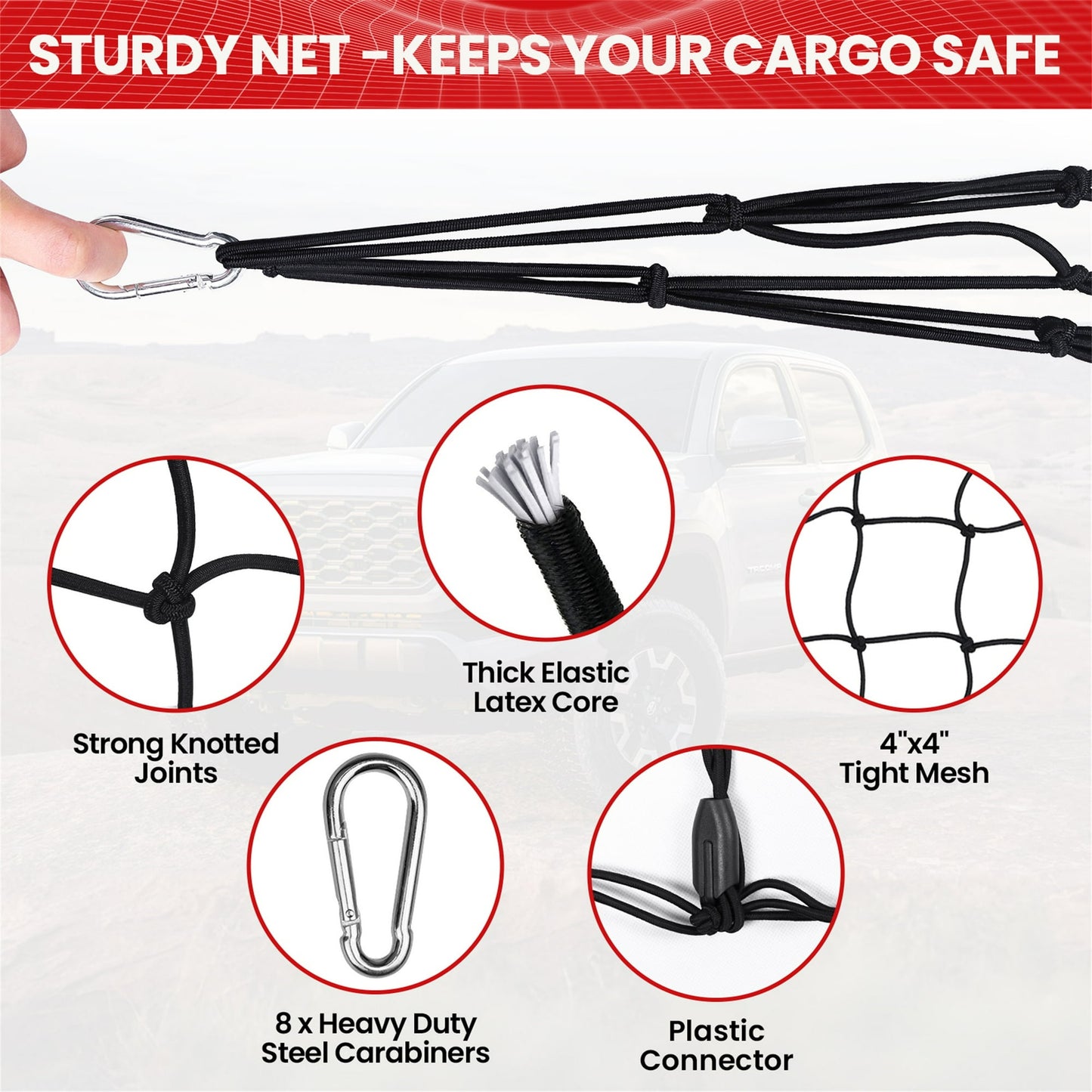DIAMOOKY 12ft x 8ft Truck Bed Net, Universal Adjustable Elastic Mesh Organizer, Heavy Duty Cargo Net for Pickup Truck Bed, with 8 Hooks - Bold Single Layer