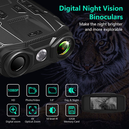 WARMTUYO Night Vision Binoculars, Infrared Night Vision Goggles with HD Video and Photo Modes, 32GB Card,with LED Flashlight for Camping & Security, Gifts for Men