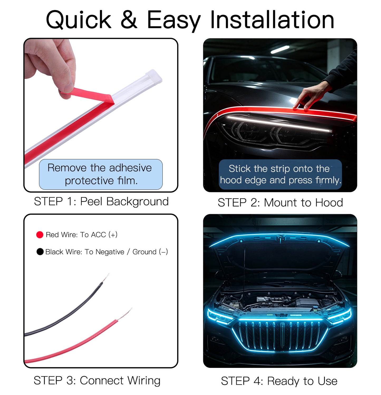 DIAMOOKY 70" LED Hood Light Strip, Ice Blue Dynamic Scan DRL Engine Hoodbeam Kit | Flexible IP68 Waterproof Daytime Running Lights, Universal Fit for Cars, SUVs & Trucks