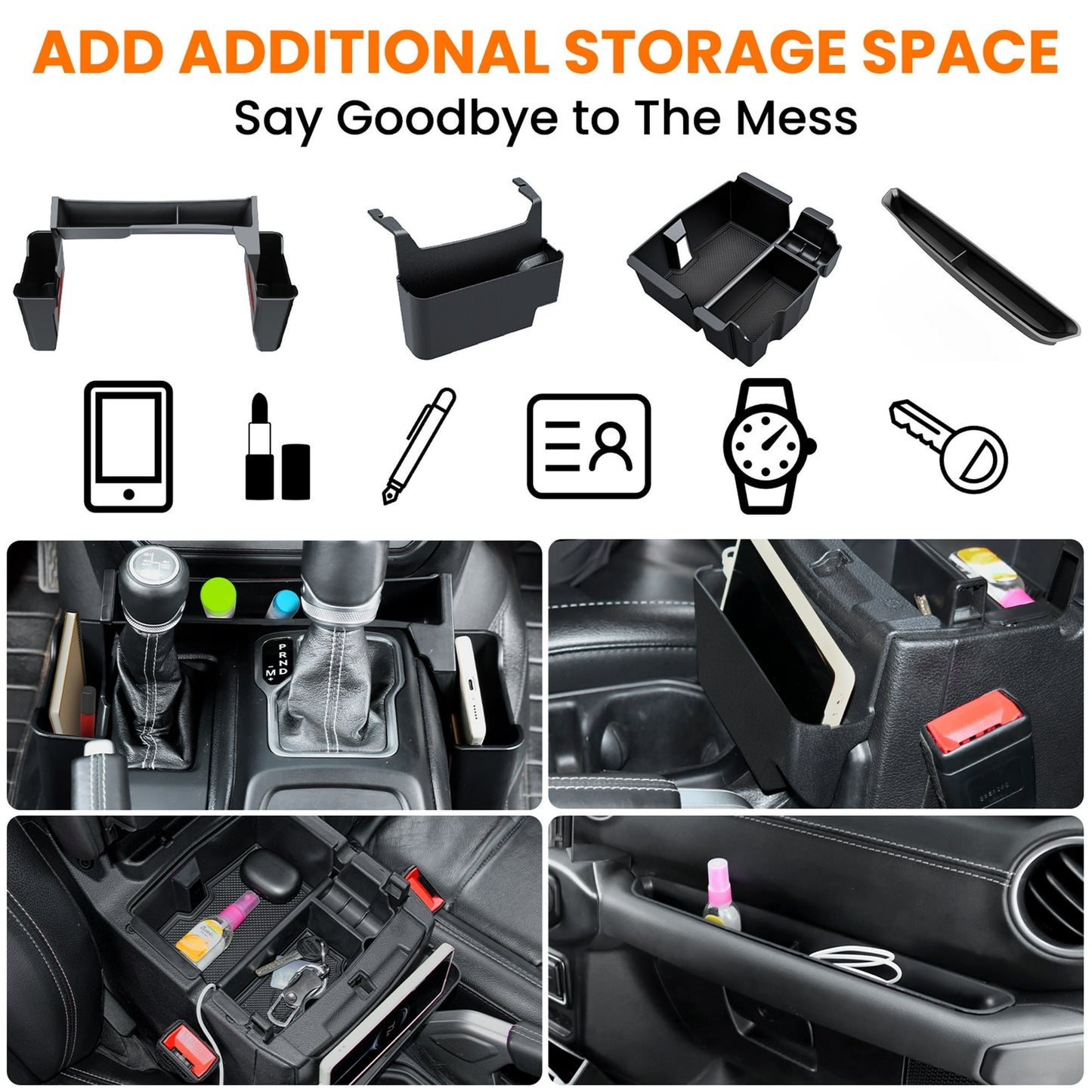 DIAMOOKY 4PCS Center Console Organizer for Jeep Wrangler JL JLU 4xe 2018-2025 & Gladiator JT 2020-2025 Accessories Gear Shift Side Tray Hanging Armrest Storage Box (Not for JK/JKU)