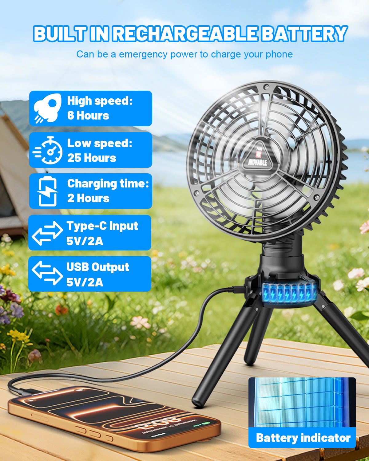 WARMTUYO Camping Fan with LED Lantern Outdoor Pedestal Fan Battery Operated Adjustable Height & Ultra Quiet for Patio Yard Beach