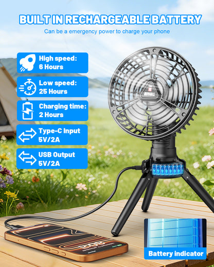 WARMTUYO Camping Fan with LED Lantern Outdoor Pedestal Fan Battery Operated Adjustable Height & Ultra Quiet for Patio Yard Beach