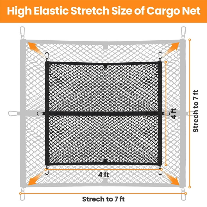 DIAMOOKY 7ft x 7ft Truck Bed Net, Universal Adjustable Elastic Mesh Organizer, Heavy Duty Cargo Net for Pickup Truck Bed, with 8 Hooks - Doube Layer