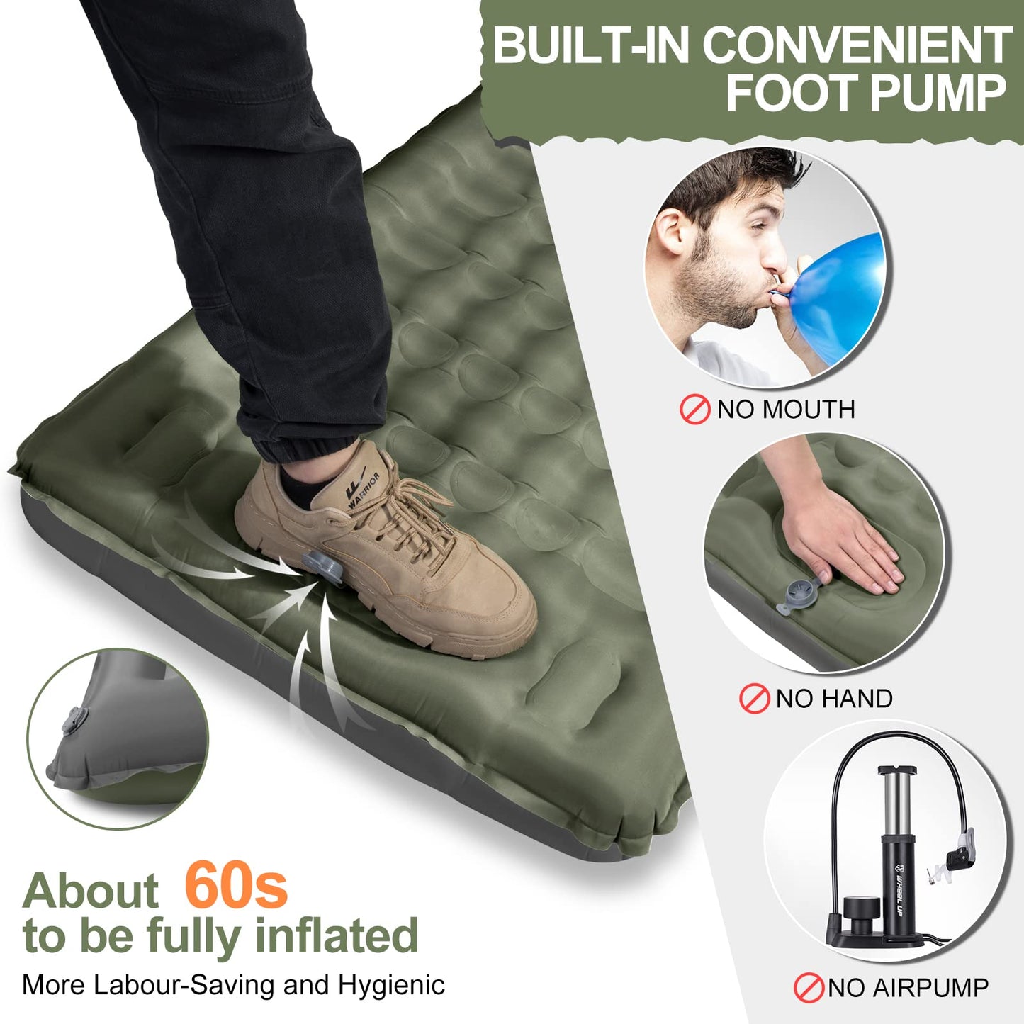 WARMTUYO Camping Sleeping Pad, 12cm Extra Thick Inflatable Air Mattress with Built-In Foot Pump & Pillow, Waterproof Sleeping Mat with Compact Pack Size, Anti-Ripstop Camping Mattress for Hiking, Backpacking & Beach