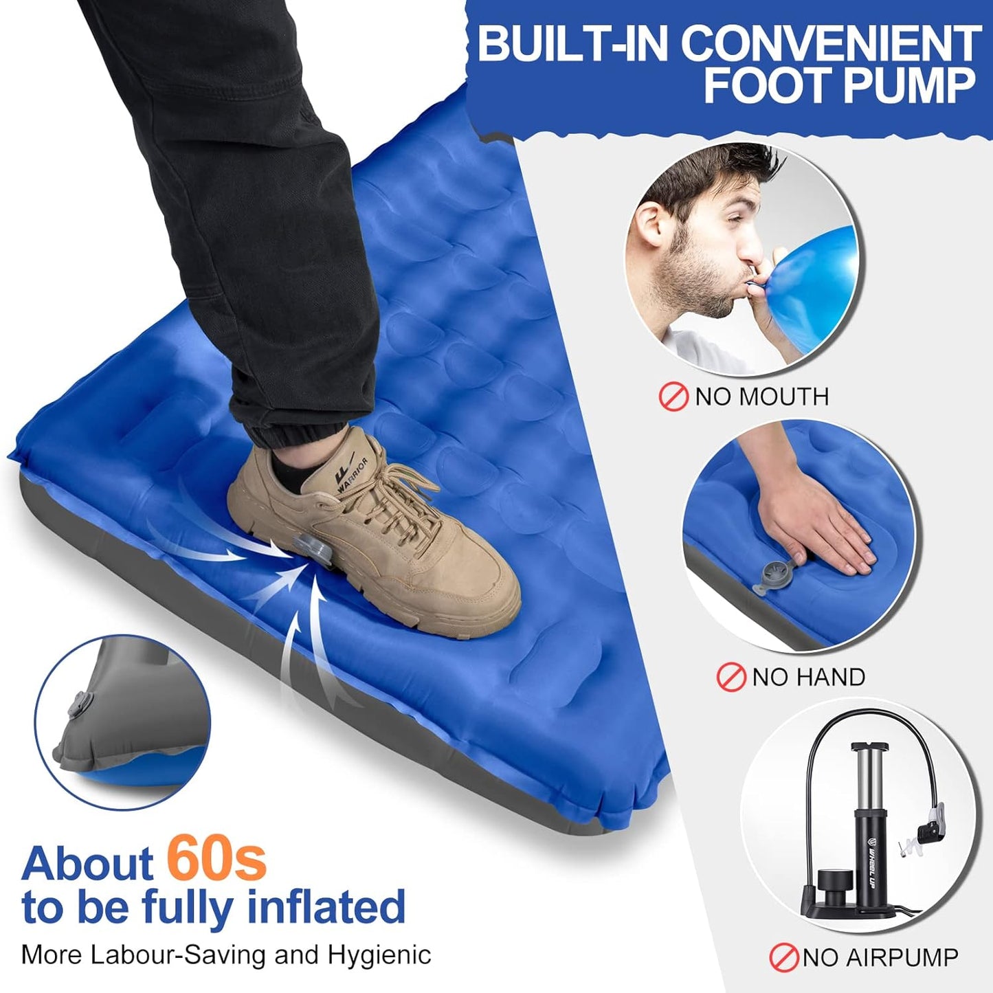 WARMTUYO Camping Sleeping Pad, 12cm Extra Thick Inflatable Air Mattress with Built-In Foot Pump & Pillow, Waterproof Sleeping Mat with Compact Pack Size, Anti-Ripstop Camping Mattress for Hiking, Backpacking & Beach