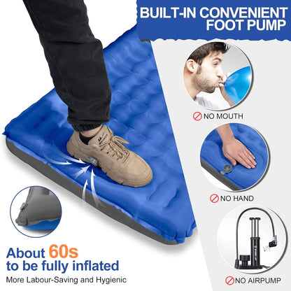WARMTUYO Camping Sleeping Pad, 12cm Extra Thick Inflatable Air Mattress with Built-In Foot Pump & Pillow, Waterproof Sleeping Mat with Compact Pack Size, Anti-Ripstop Camping Mattress for Hiking, Backpacking & Beach