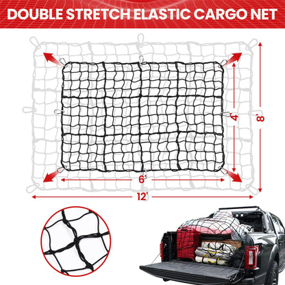 DIAMOOKY 12ft x 8ft Truck Bed Net, Universal Adjustable Elastic Mesh Organizer, Heavy Duty Cargo Net for Pickup Truck Bed, with 8 Hooks - Bold Single Layer