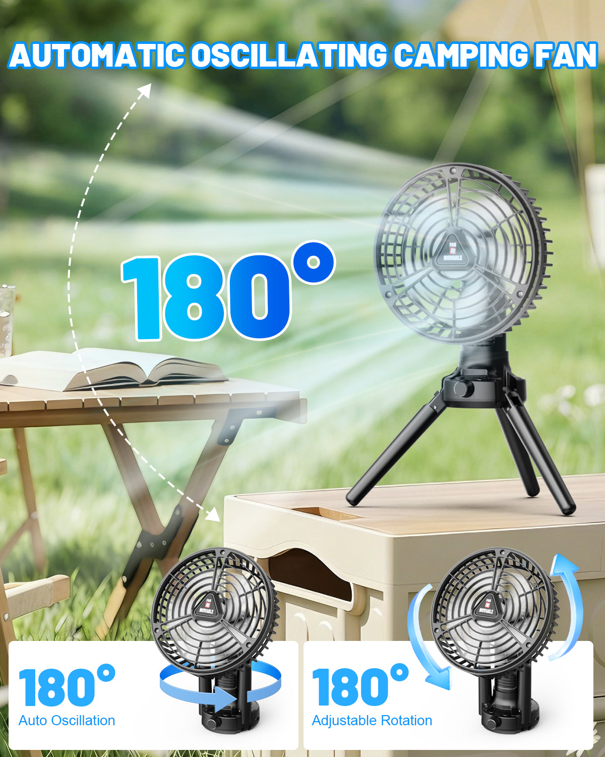 WARMTUYO Camping Fan with LED Lantern Outdoor Pedestal Fan Battery Operated Adjustable Height & Ultra Quiet for Patio Yard Beach