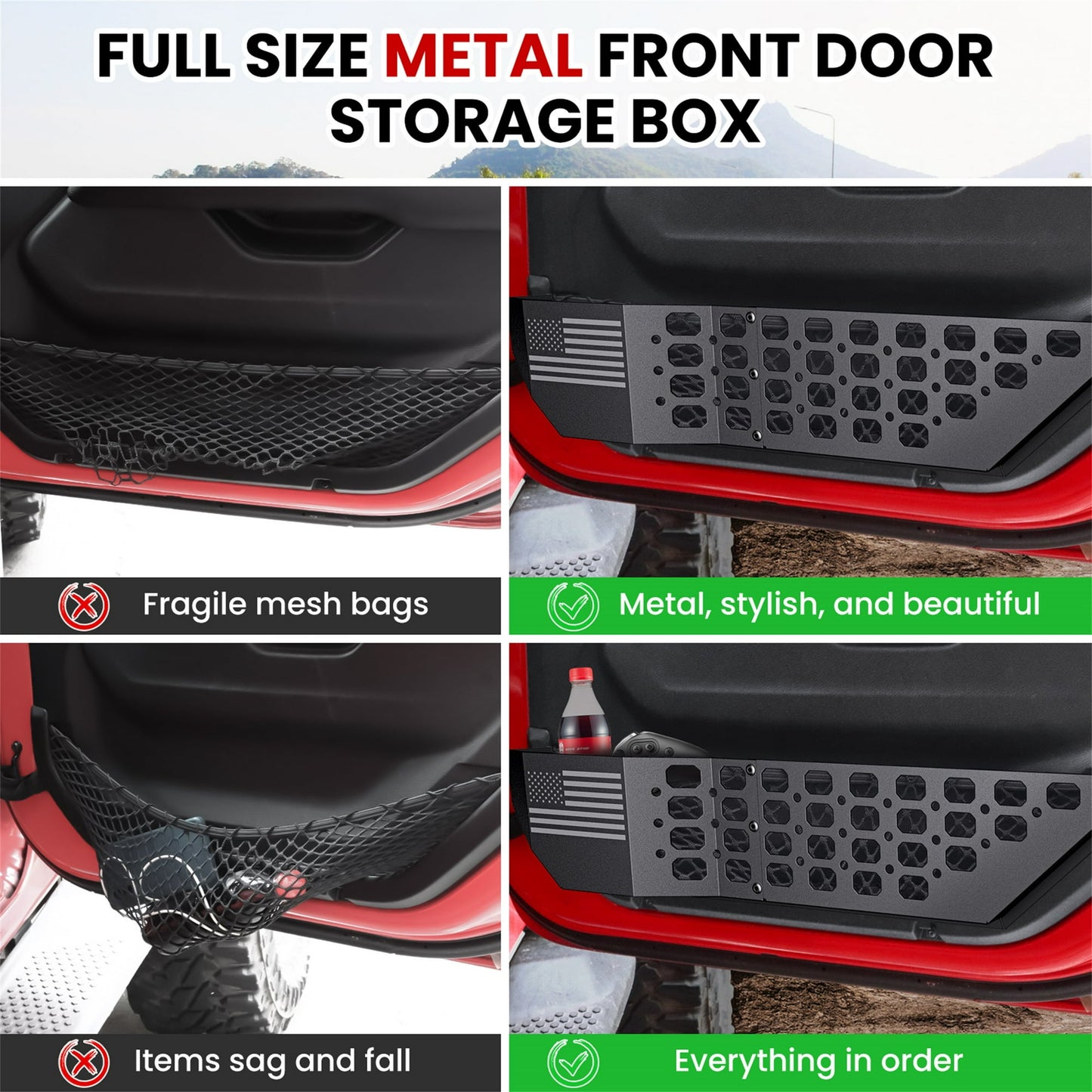 DIAMOOKY Front Door Pocket Storage Box for Jeep Wrangler JL JLU 4XE 2018-2025 & Gladiator JT 2020-2022 2023 2024 2025, 2PCS - Front Door Flag