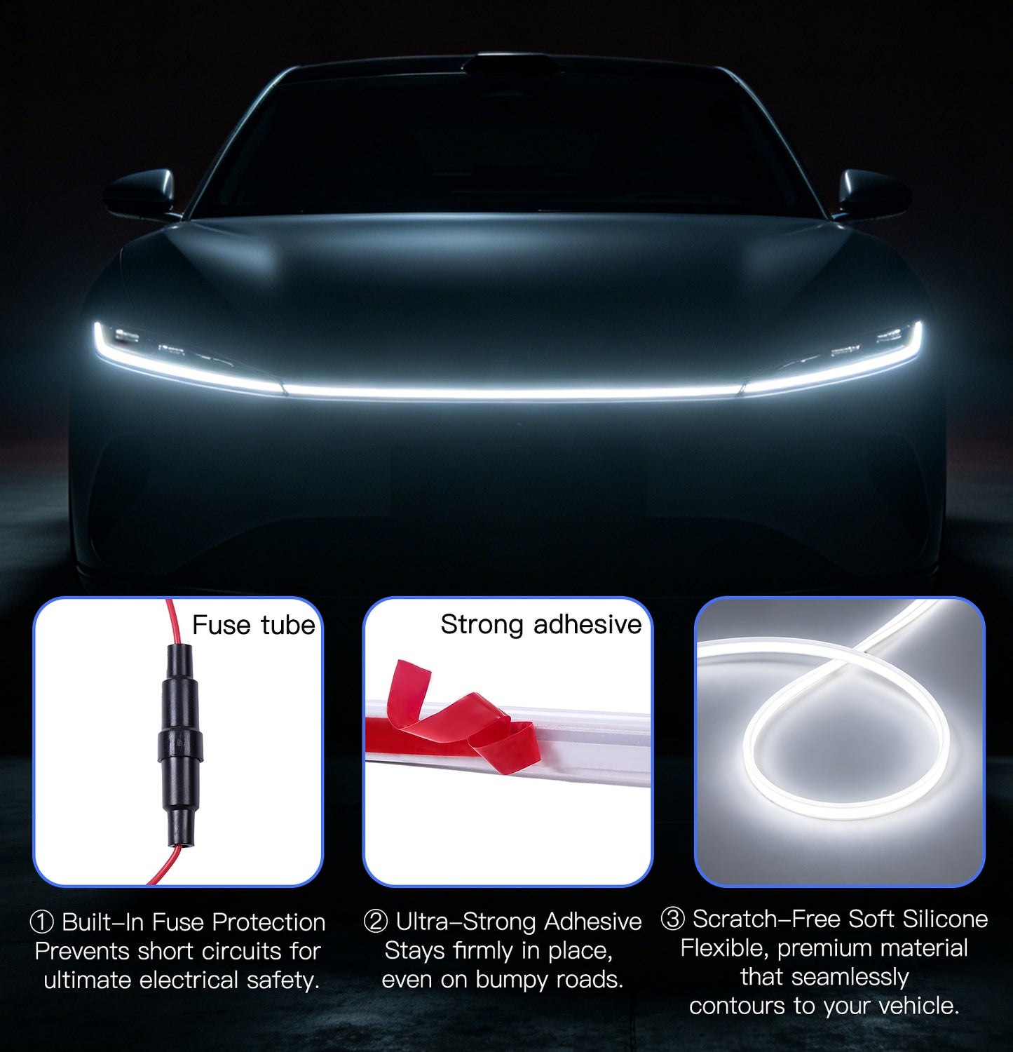 DIAMOOKY 70" LED Hood Light Strip, White Dynamic Scan DRL Engine Hoodbeam Kit | Flexible IP68 Waterproof Daytime Running Lights, Universal Fit for Cars, SUVs & Trucks