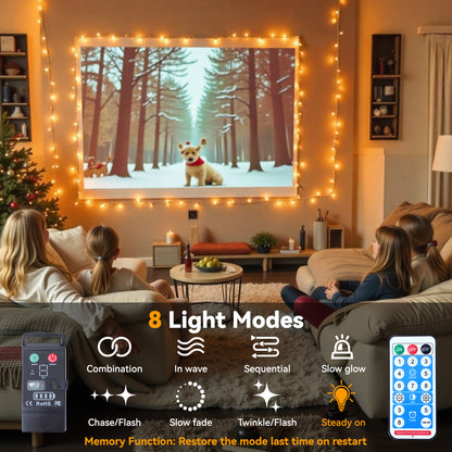 WARMTUYO 33FT 100 LED Christmas Tree Lights,Halloween Twinkle Fairy Lights String with 8 Flashing Modes for Indoor Bedroom Outdoor Xmas Trees Garland Wreath Holiday Decorations, White Yellow