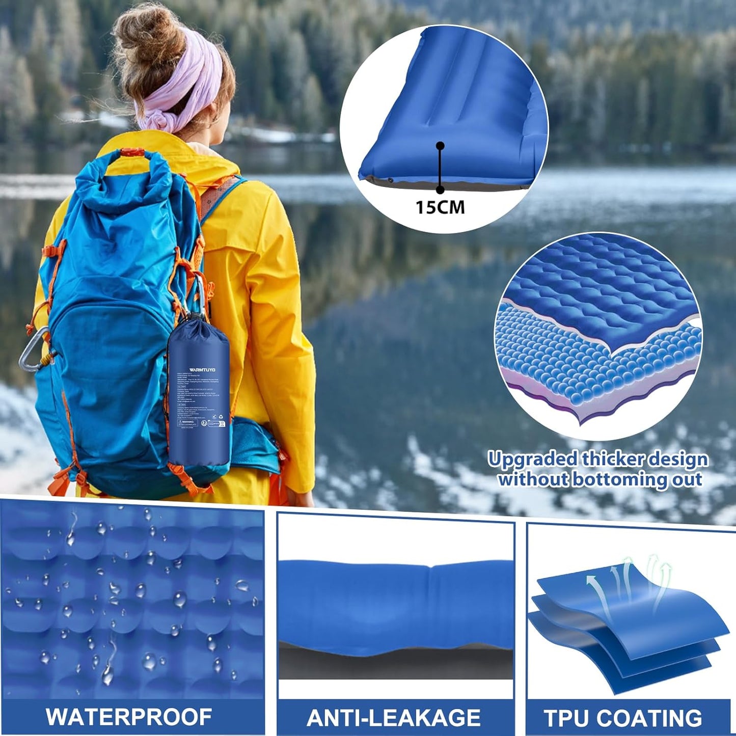 WARMTUYO Camping Sleeping Pad, 12cm Extra Thick Inflatable Air Mattress with Built-In Foot Pump & Pillow, Waterproof Sleeping Mat with Compact Pack Size, Anti-Ripstop Camping Mattress for Hiking, Backpacking & Beach