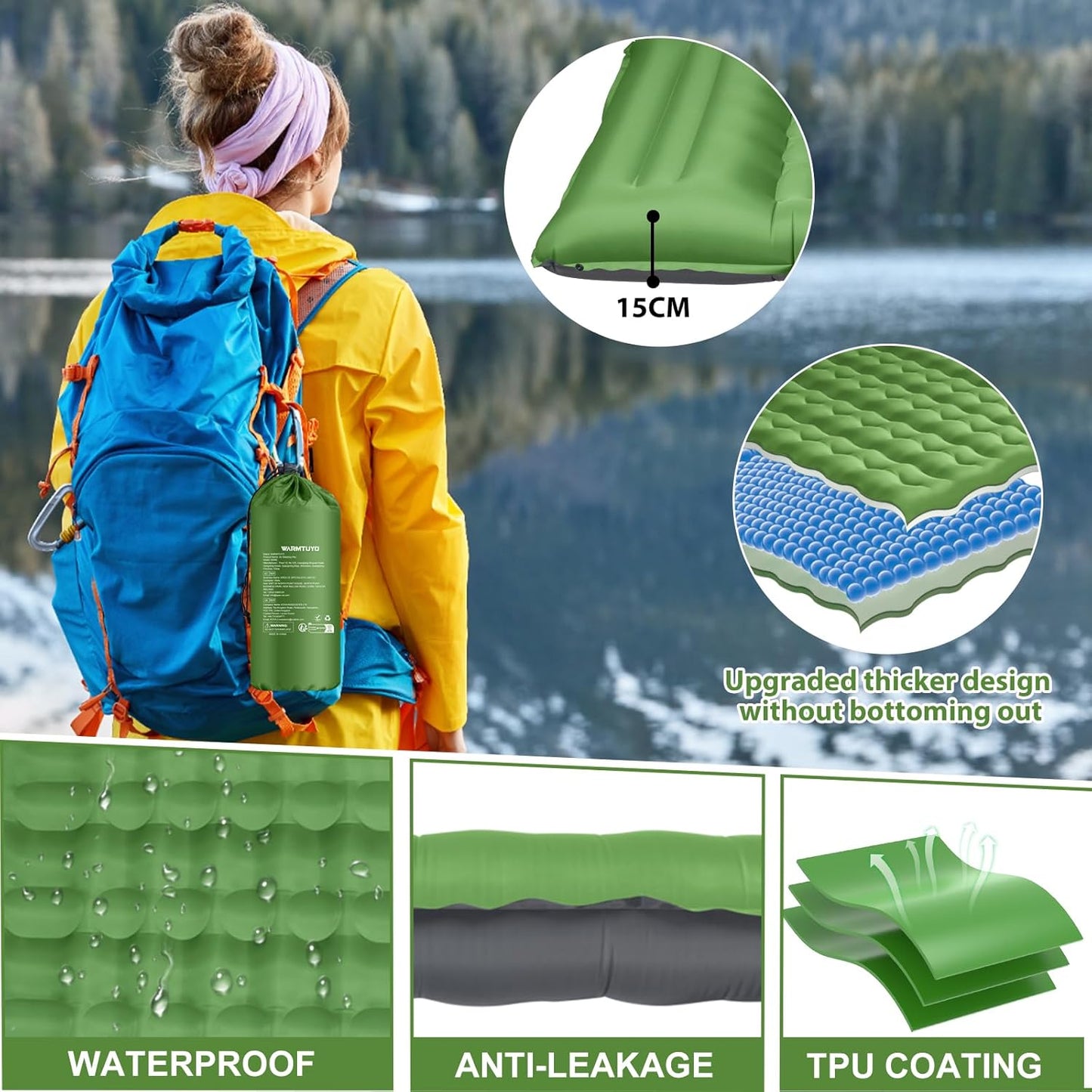 WARMTUYO Camping Sleeping Pad, 12cm Extra Thick Inflatable Air Mattress with Built-In Foot Pump & Pillow, Waterproof Sleeping Mat with Compact Pack Size, Anti-Ripstop Camping Mattress for Hiking, Backpacking & Beach