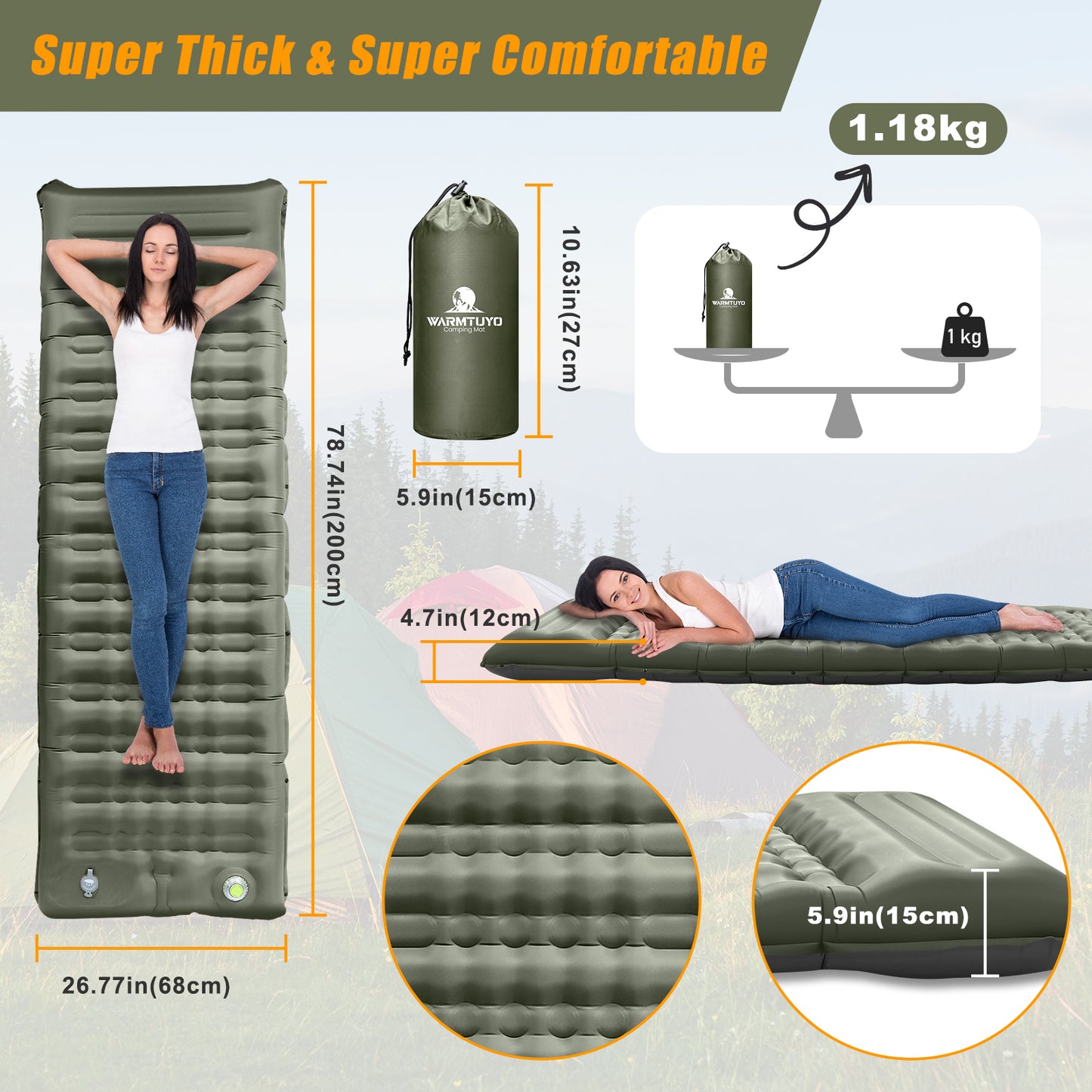 WARMTUYO Self-Inflating Camping Pad | 12CM Thick | Built-In Pillow