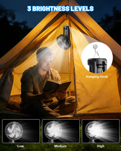 WARMTUYO Camping Fan with LED Lantern Outdoor Pedestal Fan Battery Operated Adjustable Height & Ultra Quiet for Patio Yard Beach
